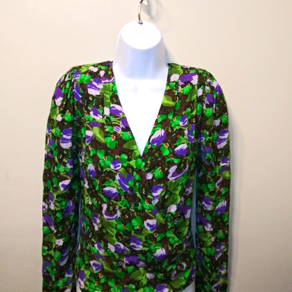 Zara Purple Black Green Floral, Padded Shoulder Deep Neckline Faux Wrap Bodysuit - Picture 4 of 12
